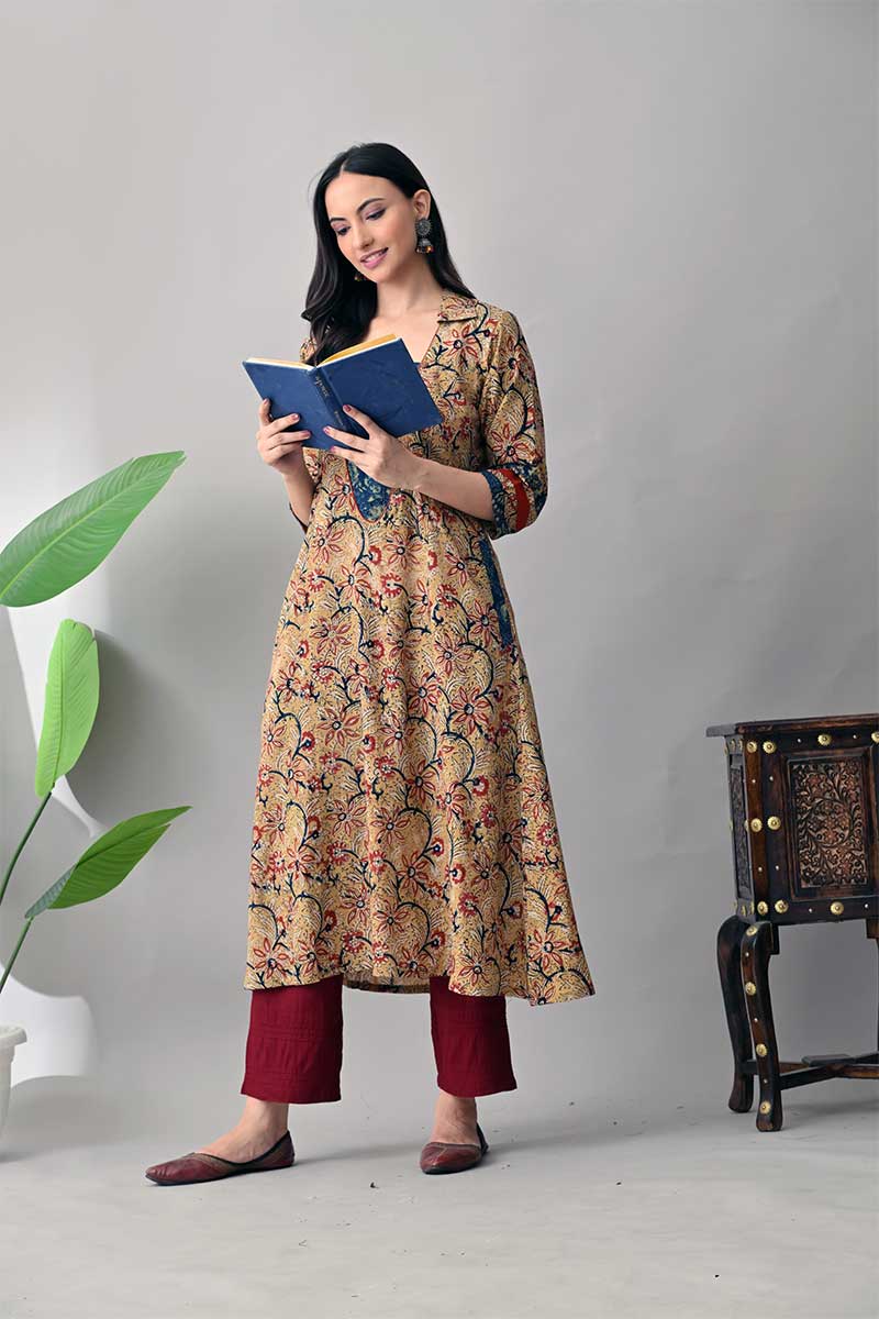 Beige and Blue Kalamkari Hand block Cotton Kurta