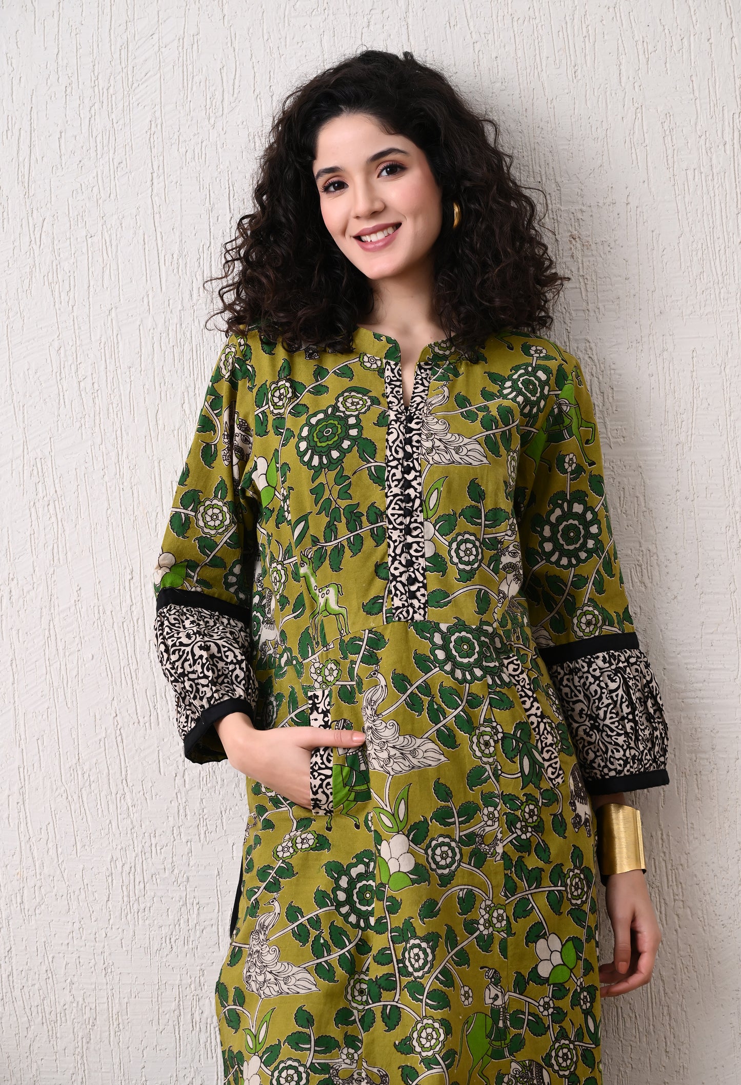 Green Printed Kalamkari Cotton Kurta