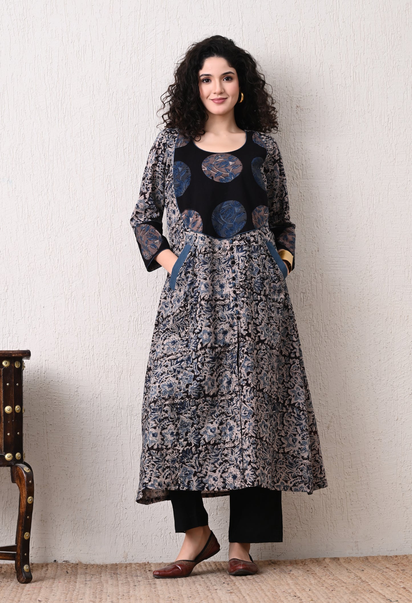 Black and Blue Kalamkari Hand block Printed A line Kurta