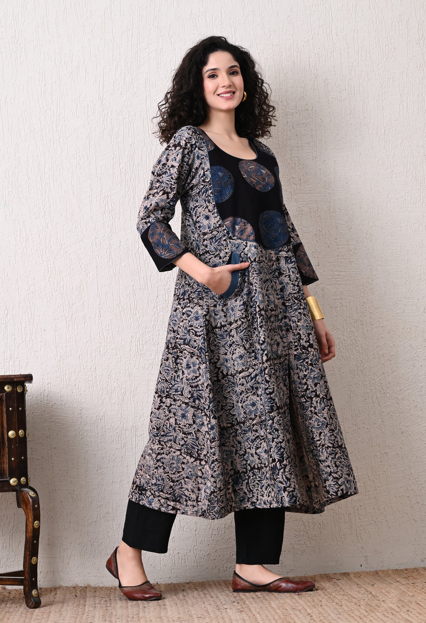 Black and Blue Kalamkari Hand block Printed A line Kurta