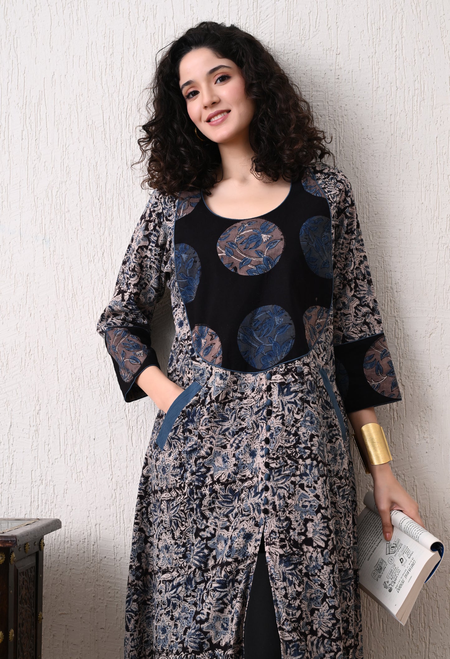 Black and Blue Kalamkari Hand block Printed A line Kurta