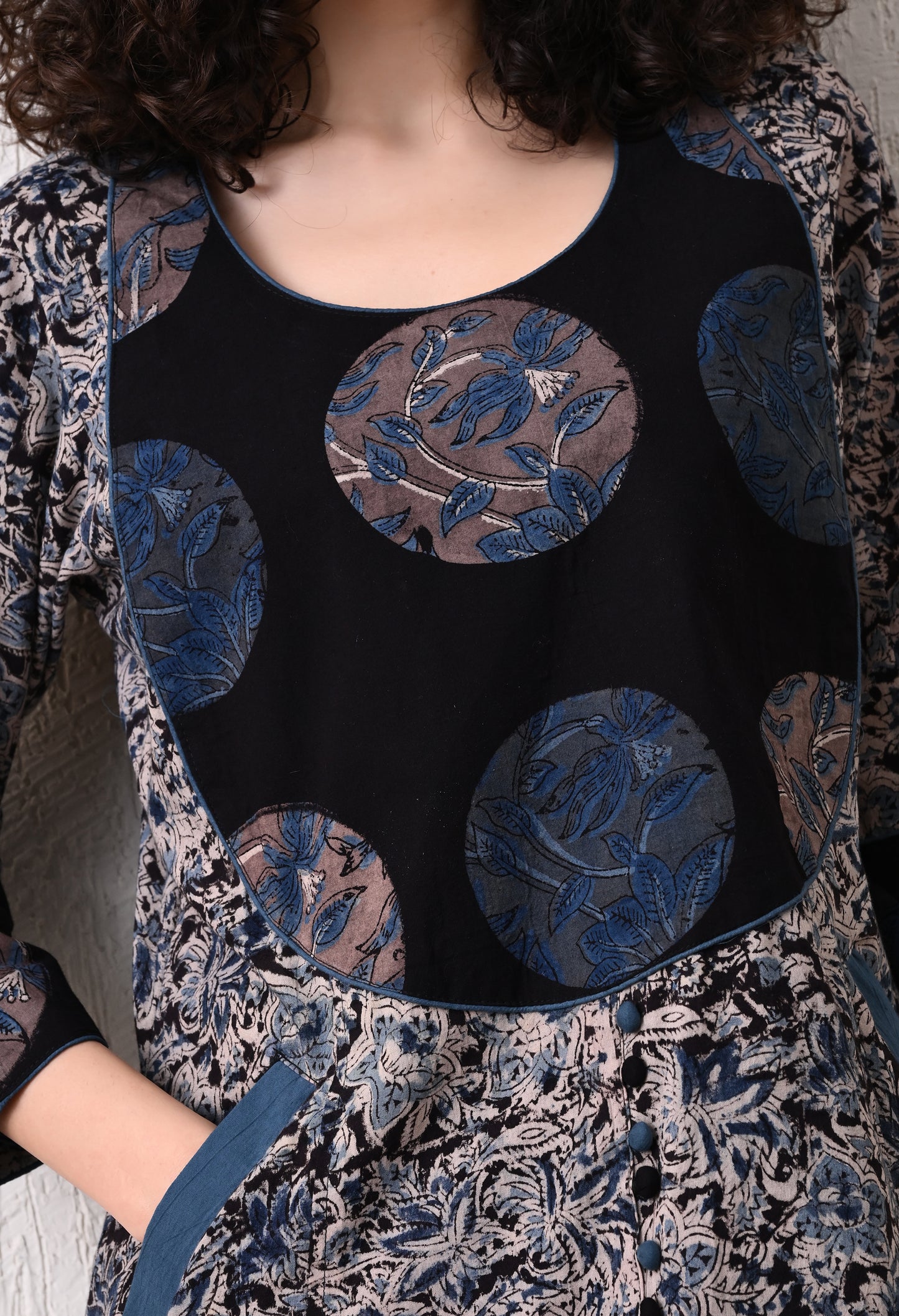 Black and Blue Kalamkari Hand block Printed A line Kurta