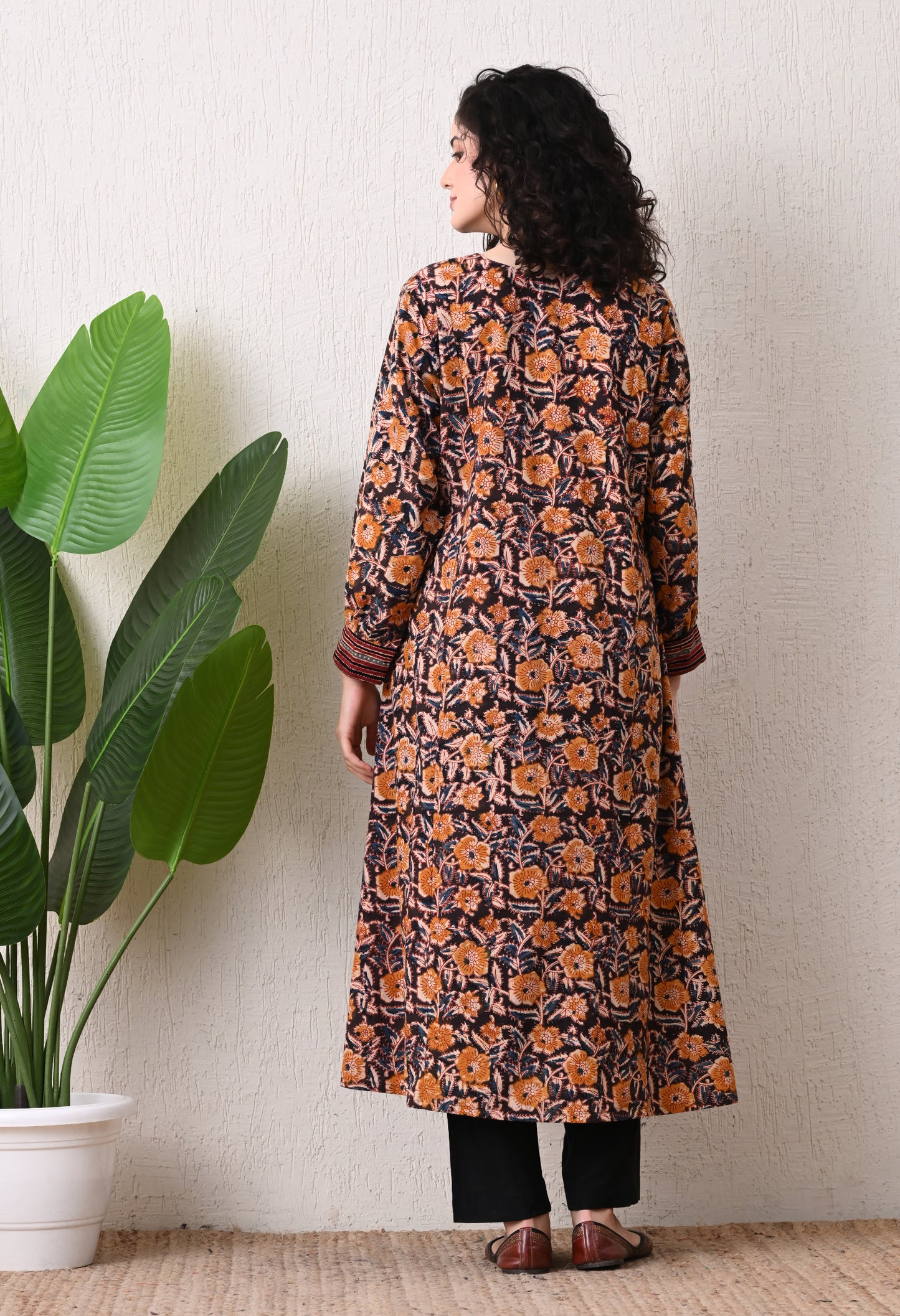 Black and Mustard Kalamkari Hand block Printed Cotton Kurta