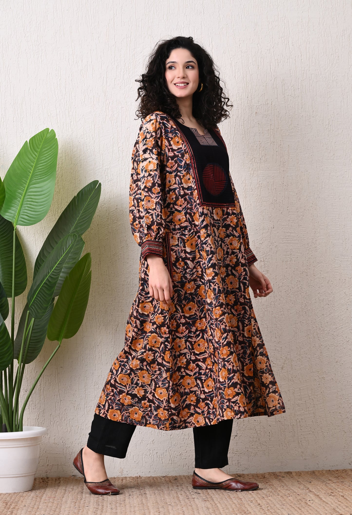 Black and Mustard Kalamkari Hand block Printed Cotton Kurta