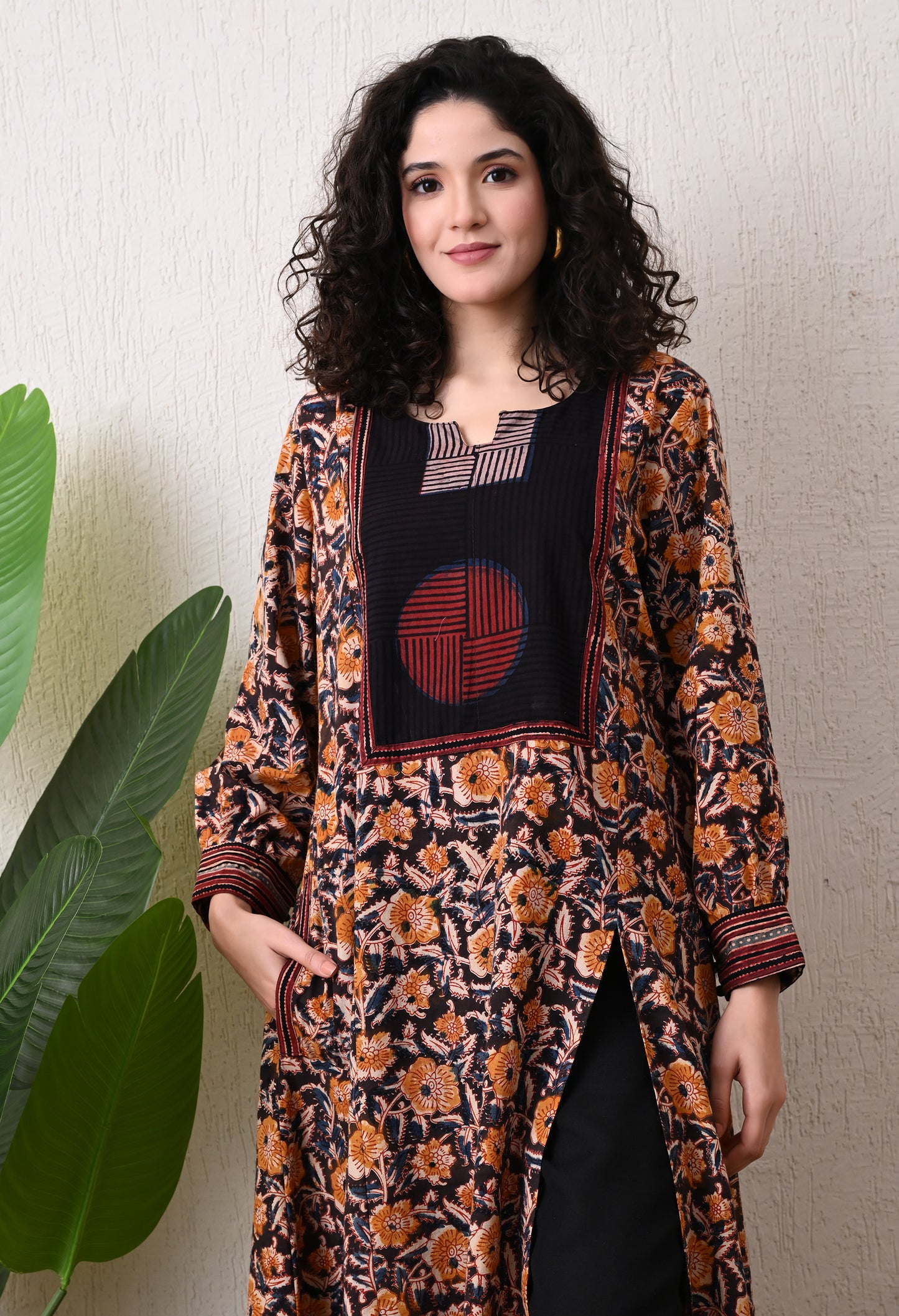 Black and Mustard Kalamkari Hand block Printed Cotton Kurta