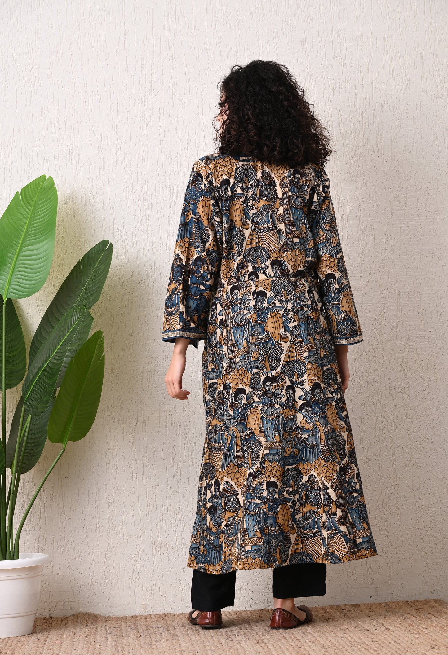 Blue and Mustard Kalamkari Hand Block Cotton Kali kurta