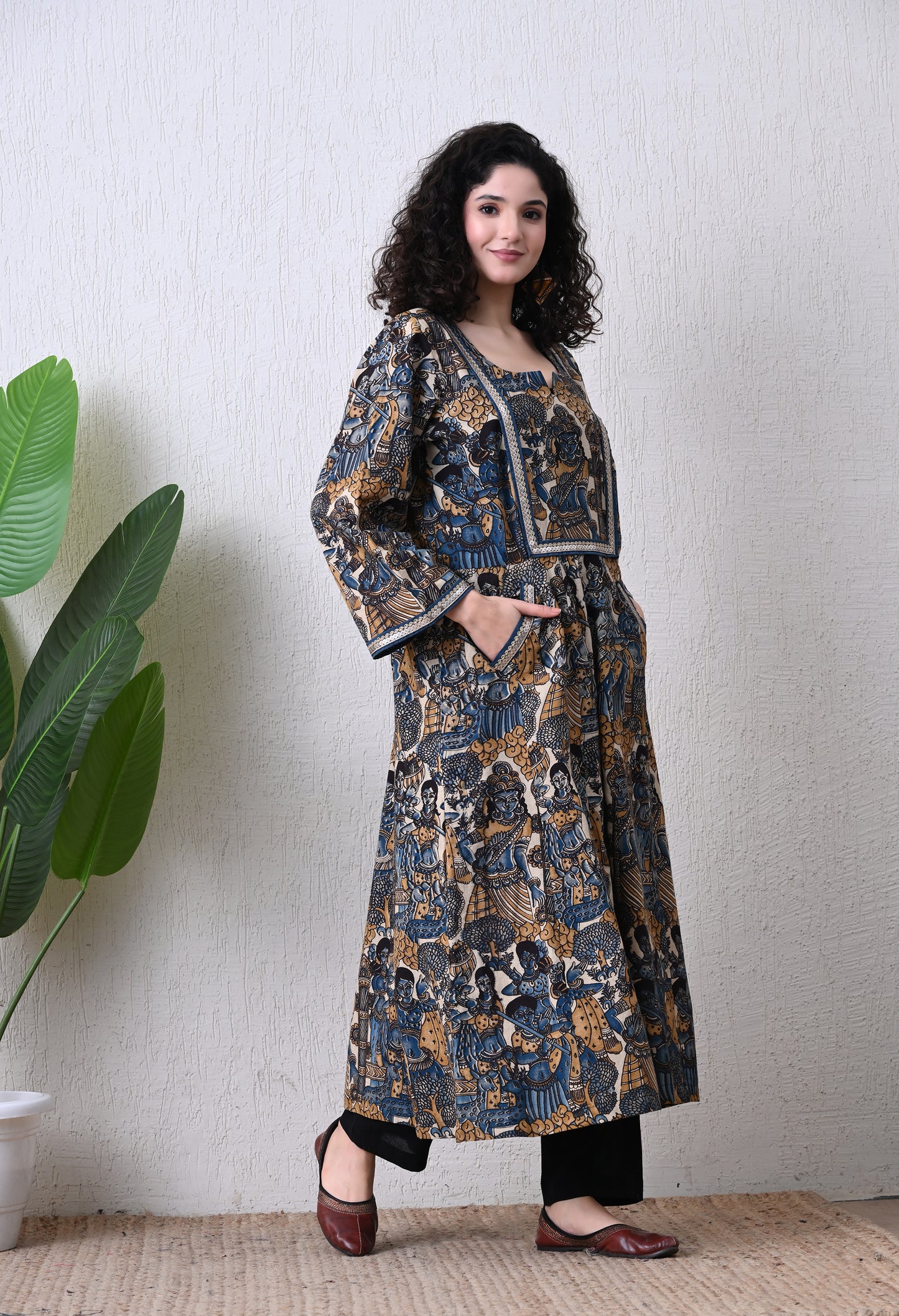 Blue and Mustard Kalamkari Hand Block Cotton Kali kurta