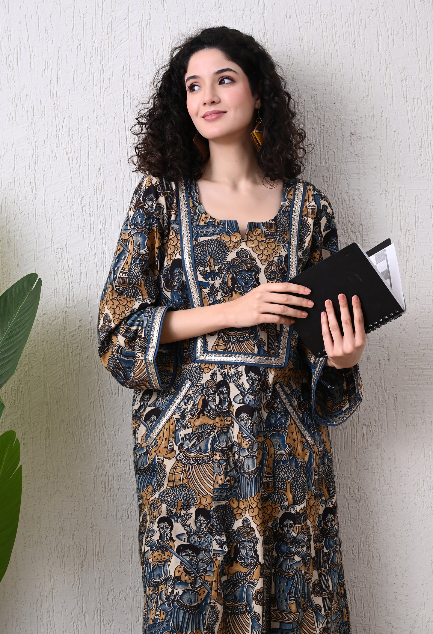 Blue and Mustard Kalamkari Hand Block Cotton Kali kurta