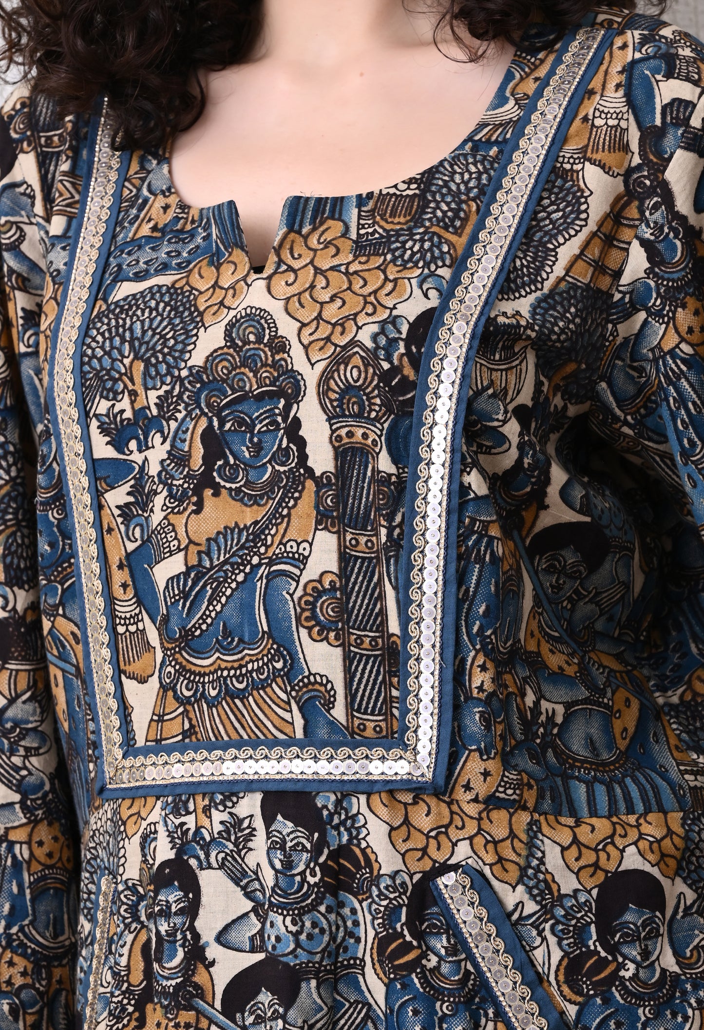 Blue and Mustard Kalamkari Hand Block Cotton Kali kurta