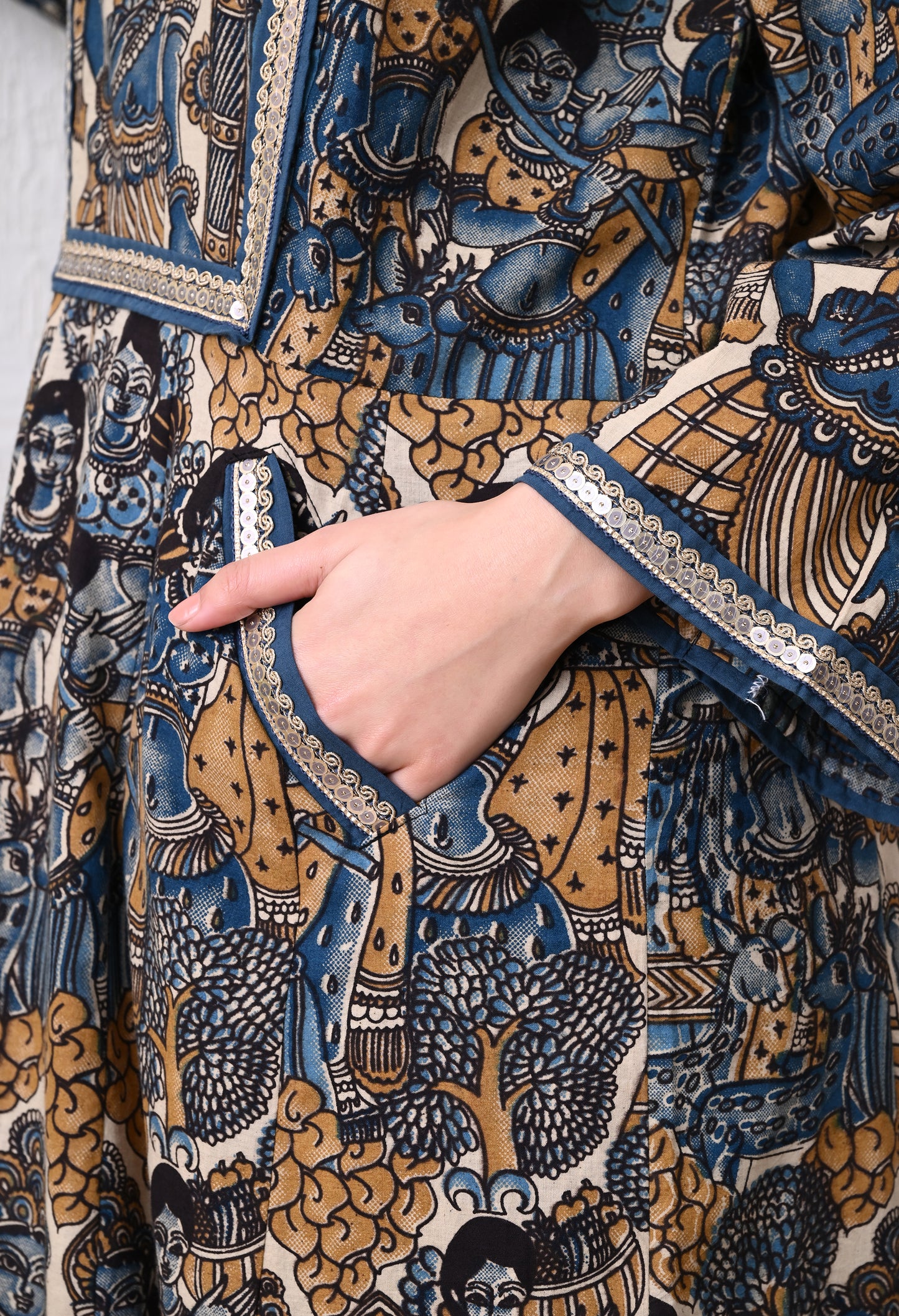 Blue and Mustard Kalamkari Hand Block Cotton Kali kurta