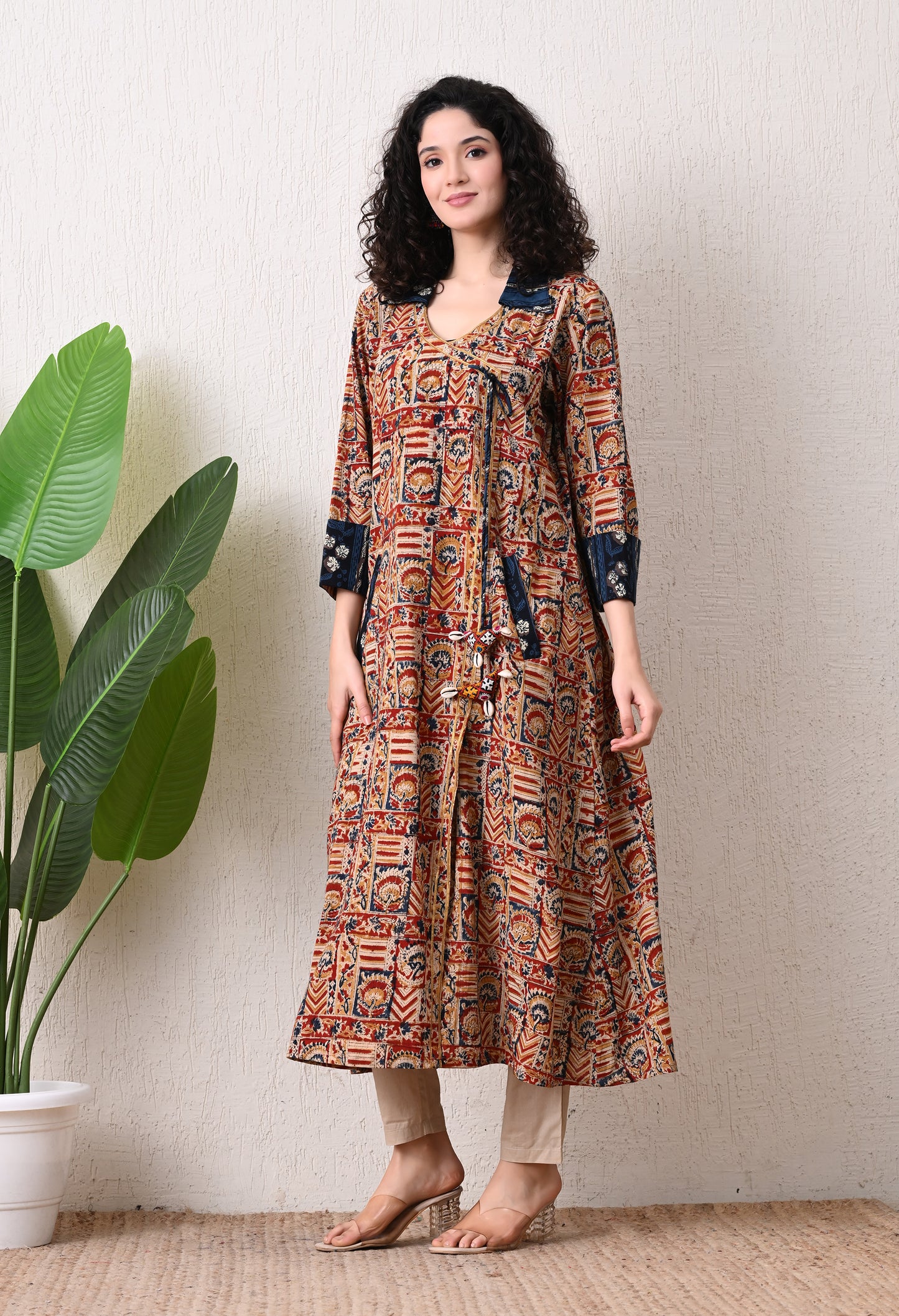 Blue and Maroon Kalamkari Hand Block A -Line Cotton Kurta