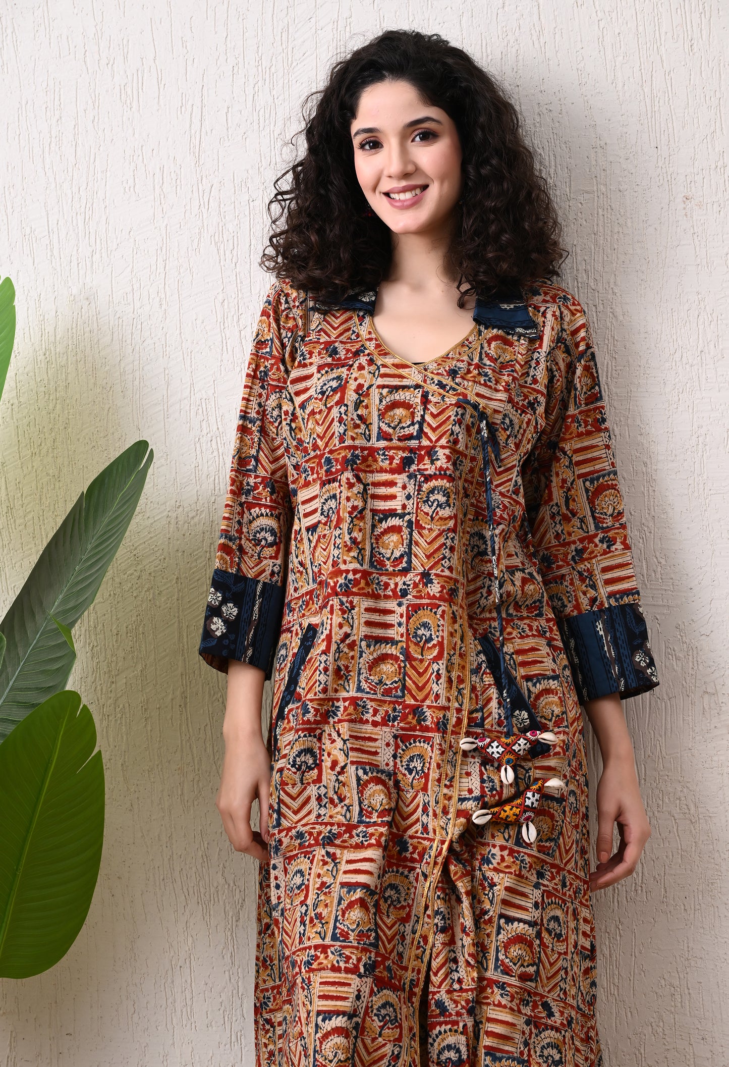 Blue and Maroon Kalamkari Hand Block A -Line Cotton Kurta