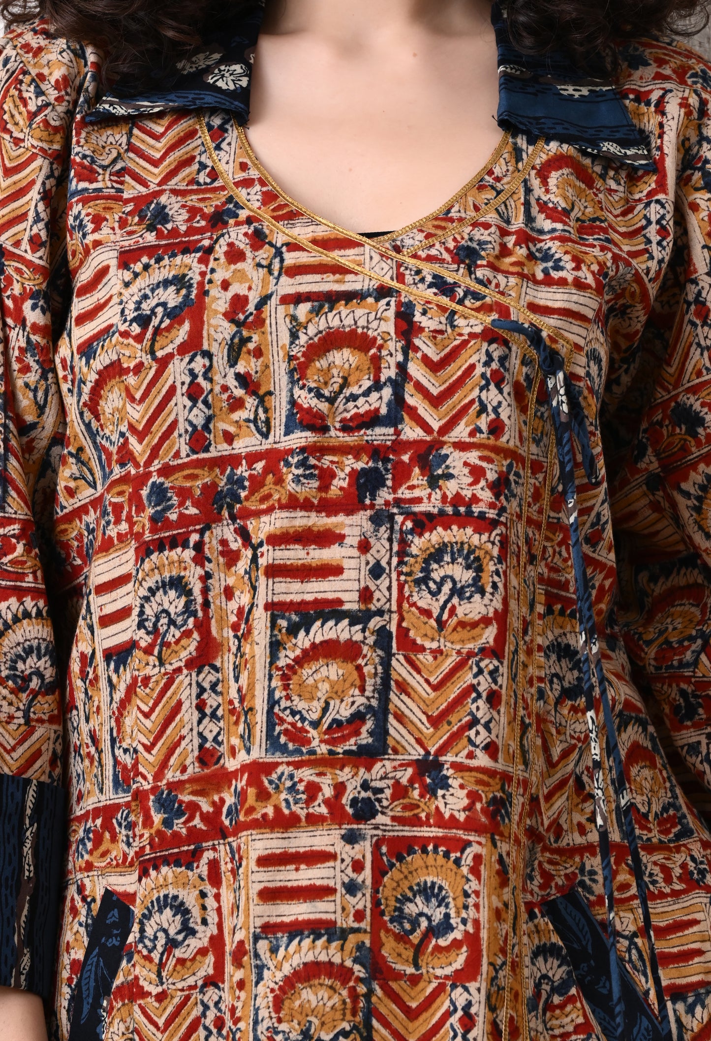 Blue and Maroon Kalamkari Hand Block A -Line Cotton Kurta
