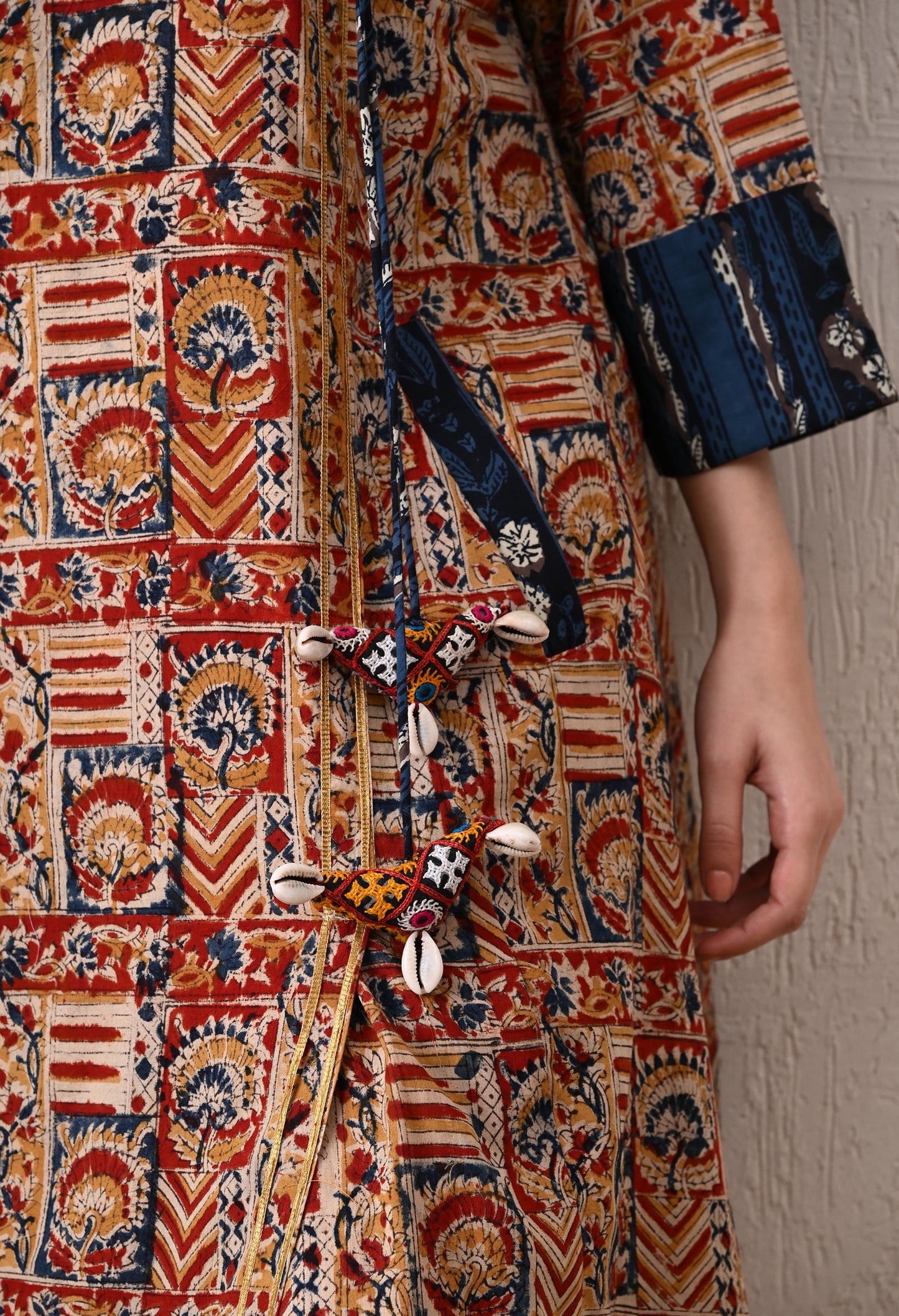 Blue and Maroon Kalamkari Hand Block A -Line Cotton Kurta