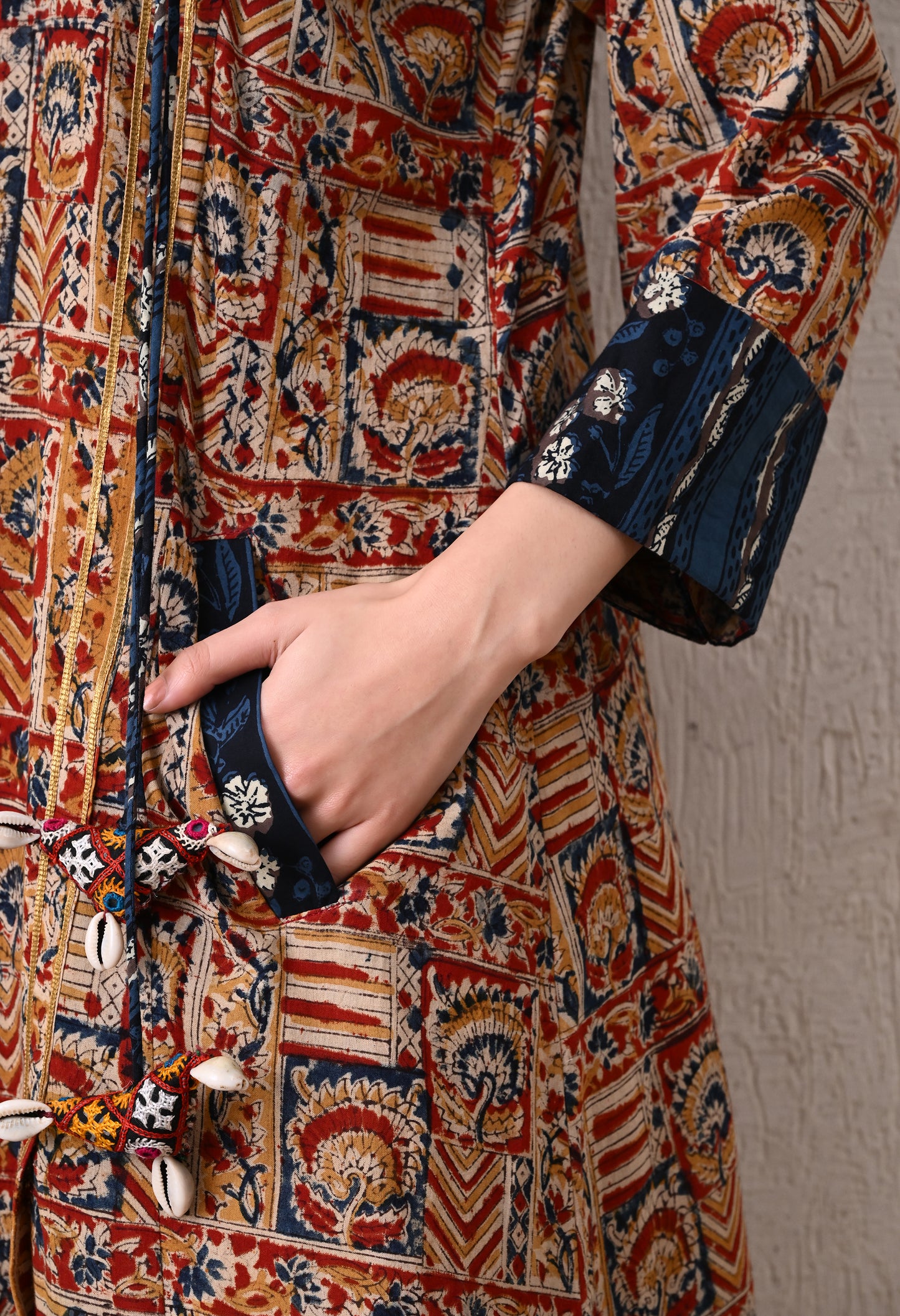 Blue and Maroon Kalamkari Hand Block A -Line Cotton Kurta