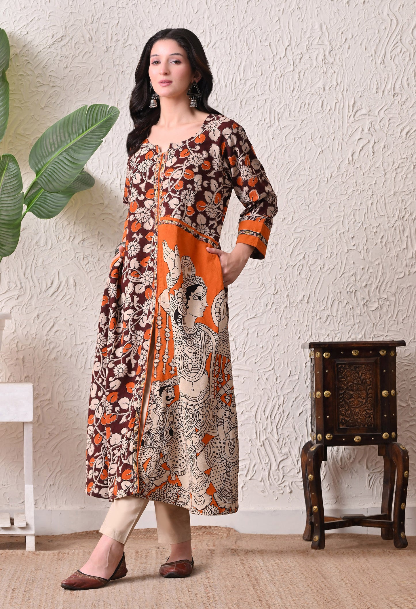 Coffee and Orange Kalamkari Cotton Kurta