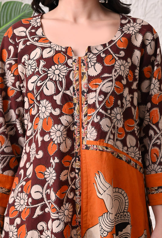 Coffee and Orange Kalamkari Cotton Kurta