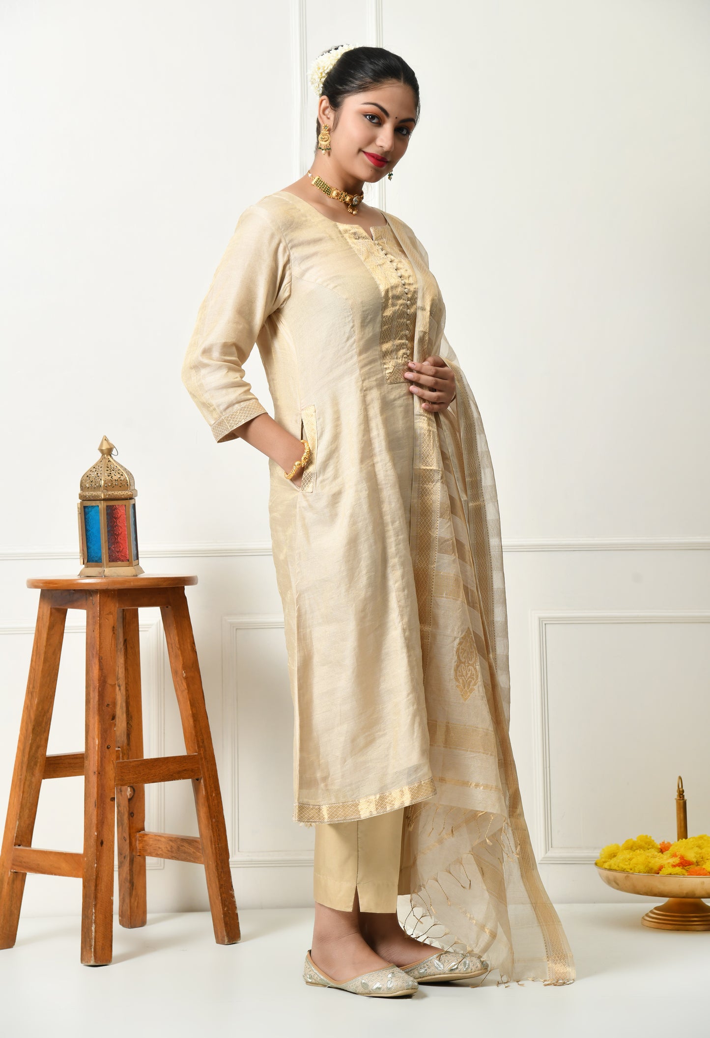Maheshwari Handloom Silk Cotton and Zari Golden Kurta with Dupatta
