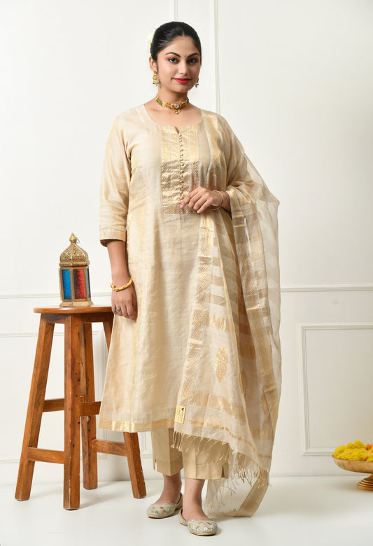 Maheshwari Handloom Silk Cotton and Zari Golden Kurta with Dupatta