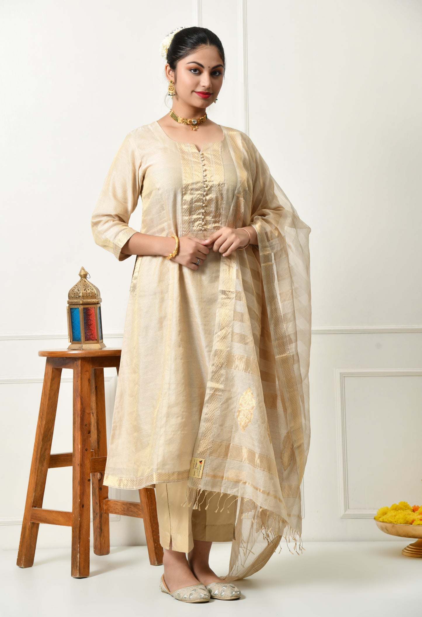 Maheshwari Handloom Silk Cotton and Zari Golden Kurta with Dupatta