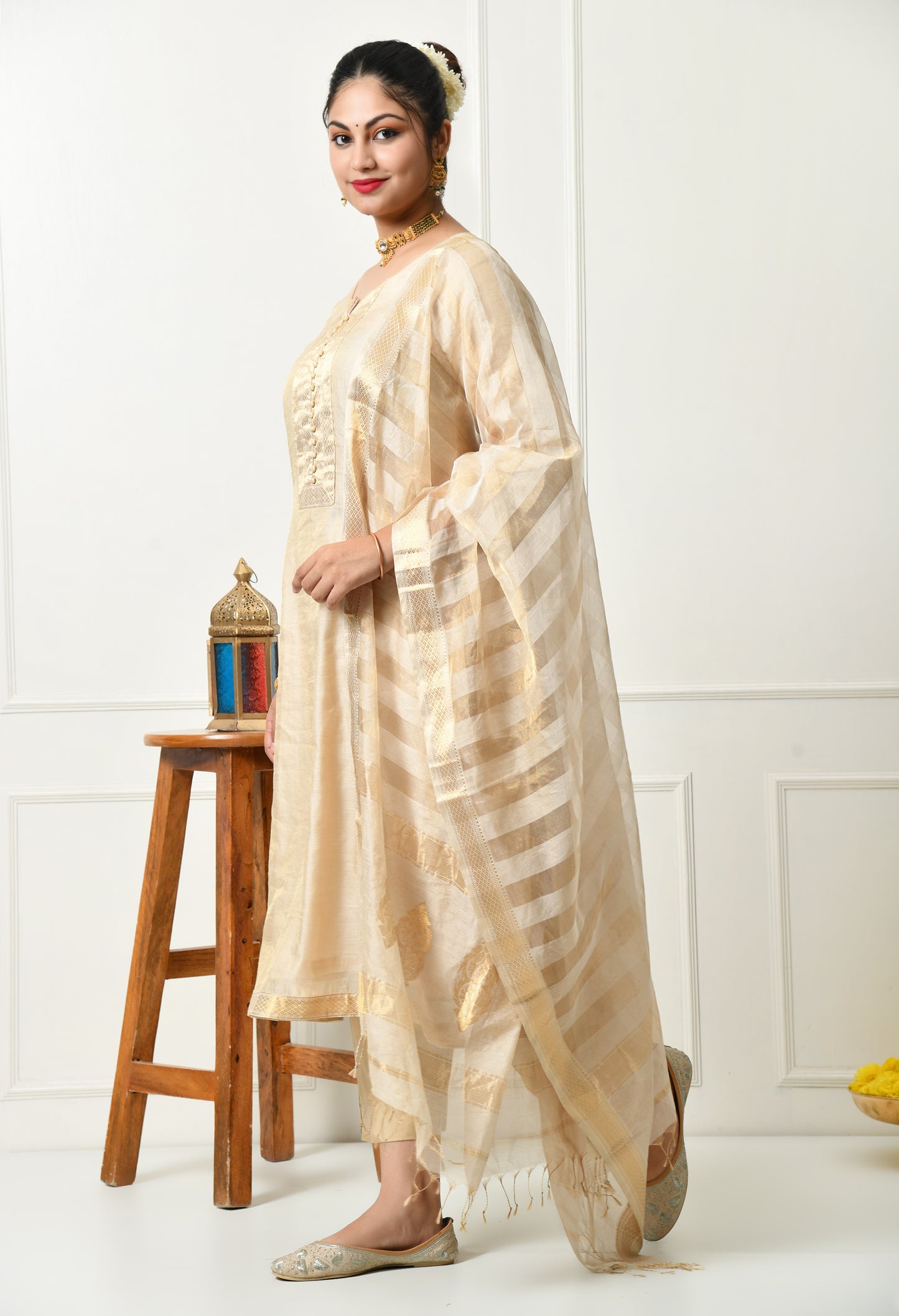 Maheshwari Handloom Silk Cotton and Zari Golden Kurta with Dupatta