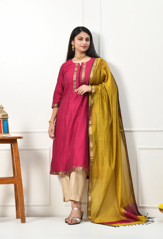 Maheshwari Handloom Silk Cotton Purple Kurta and Dupatta with Zari Border