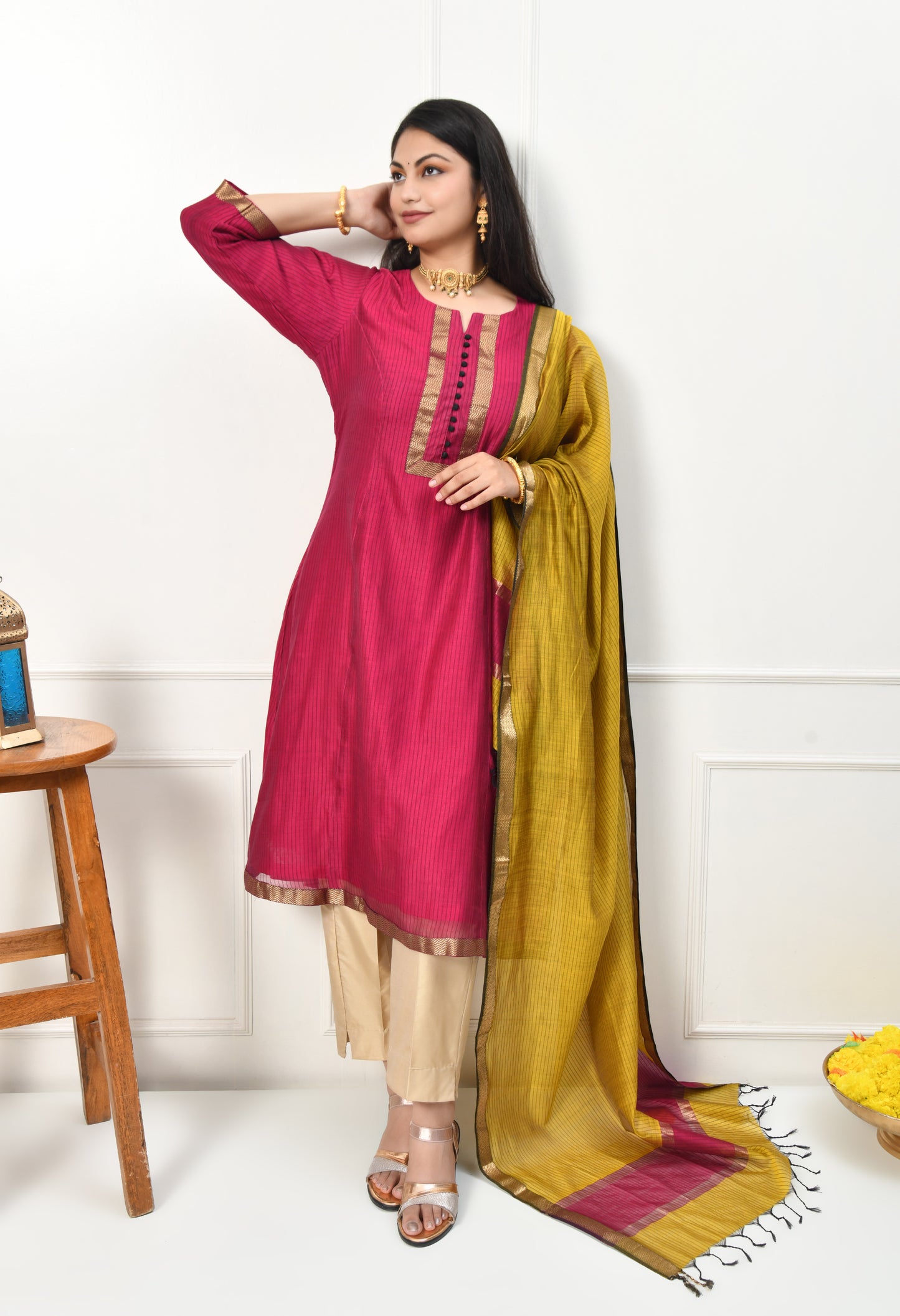 Maheshwari Handloom Silk Cotton Purple Kurta and Dupatta with Zari Border