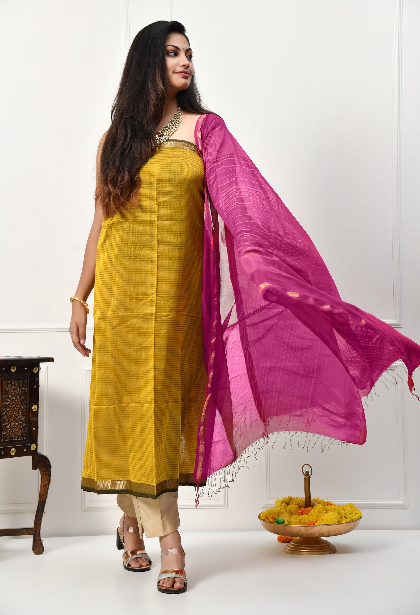 Mustard Maheshwari Handloom Silk Cotton Kurta Material and Dupatta