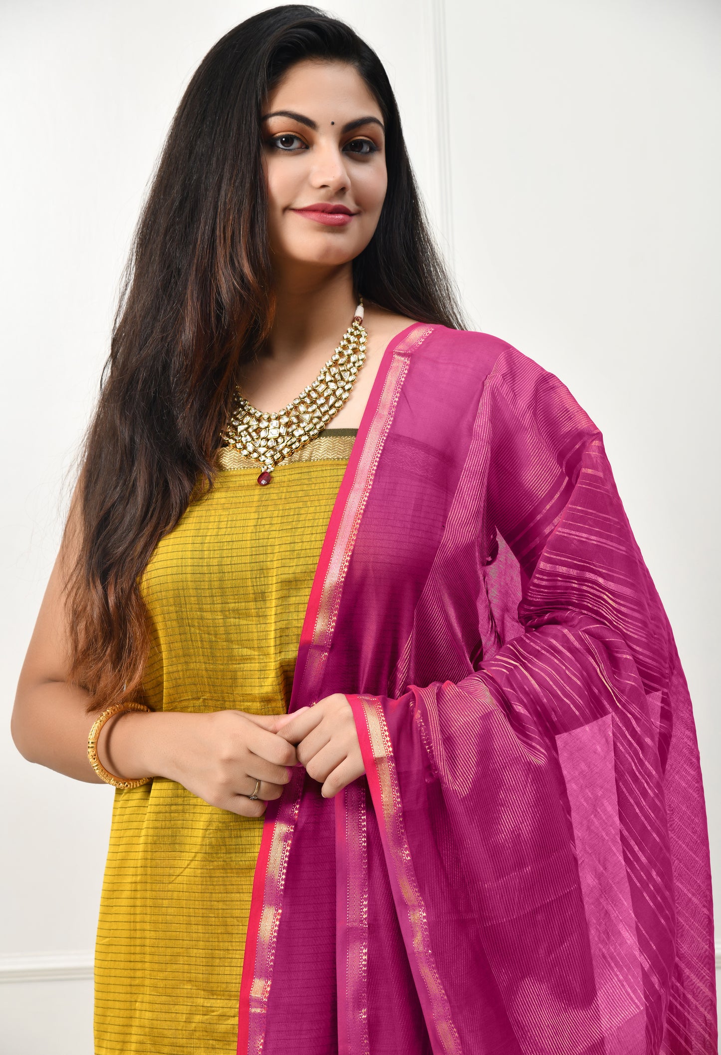 Mustard Maheshwari Handloom Silk Cotton Kurta Material and Dupatta