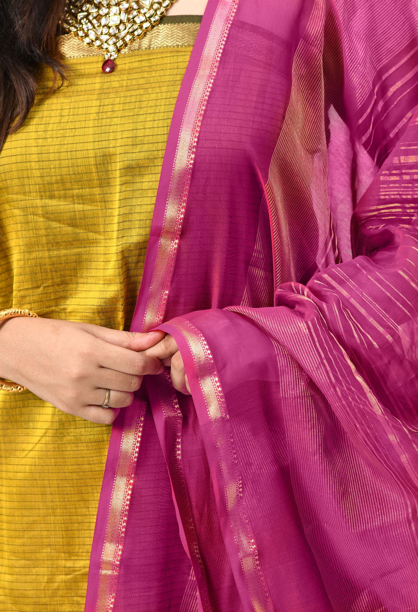 Mustard Maheshwari Handloom Silk Cotton Kurta Material and Dupatta