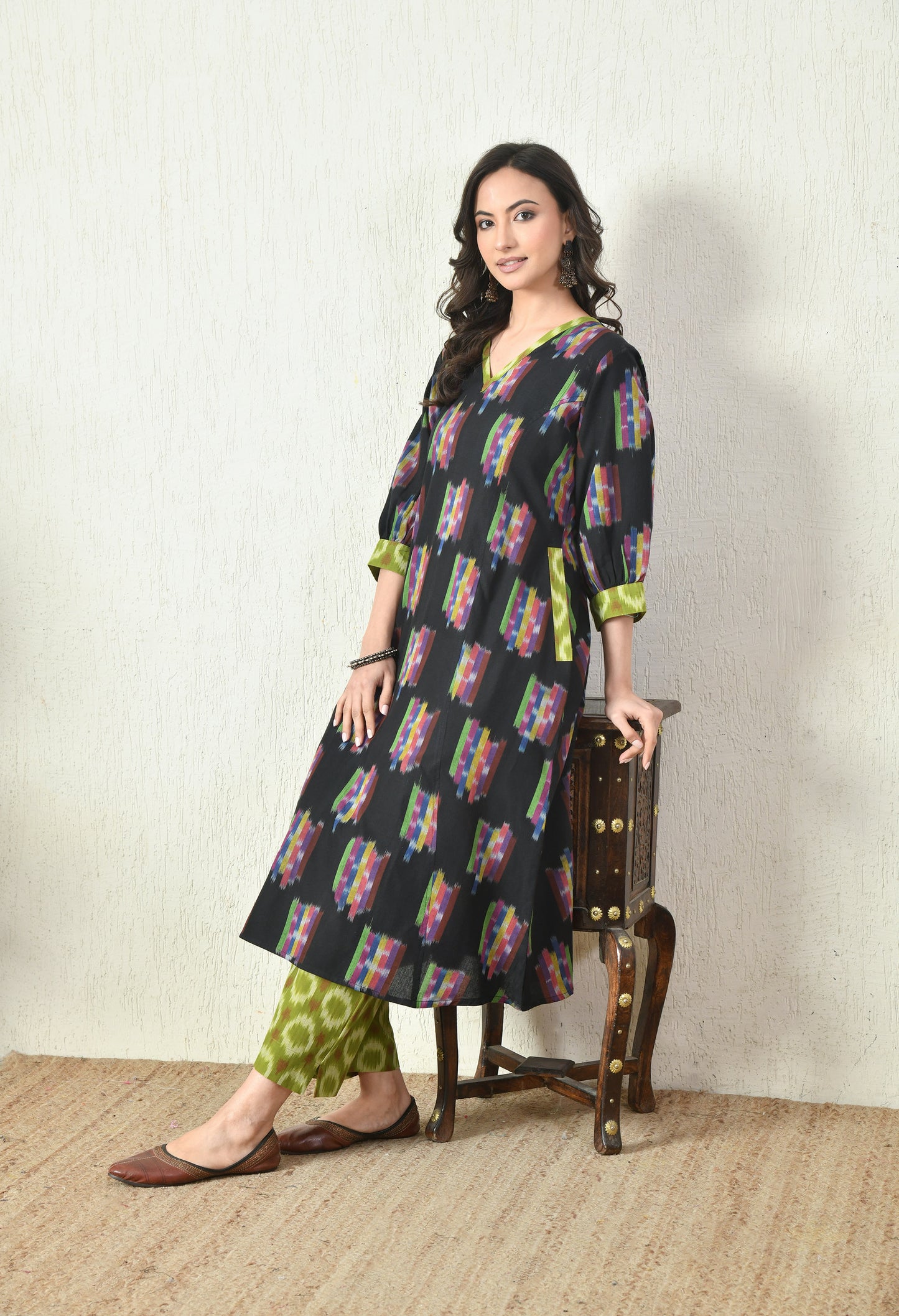 Black and green handwoven ikkat kurta set