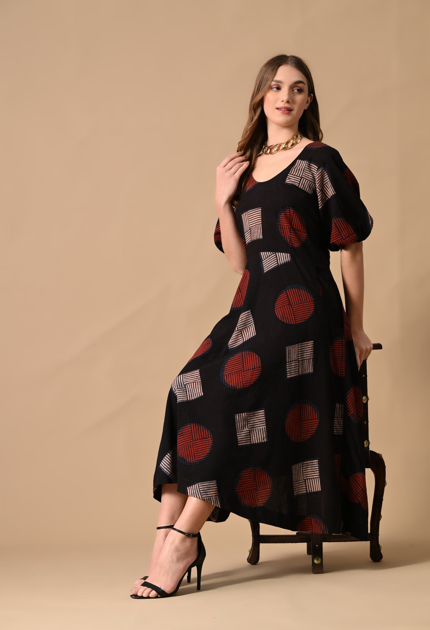 Black and Red Ajrakh Handblock Printed Cotton Dress