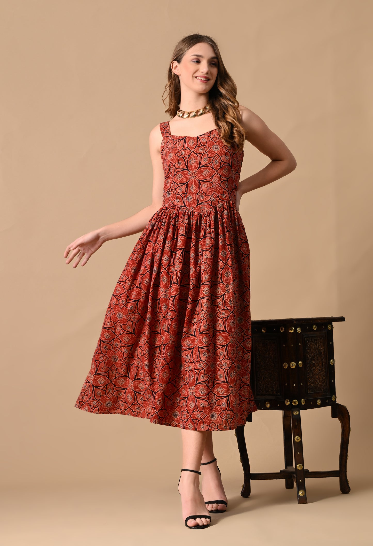 Maroon Sleeveless Ajrakh Hand block Printed Cotton Dress