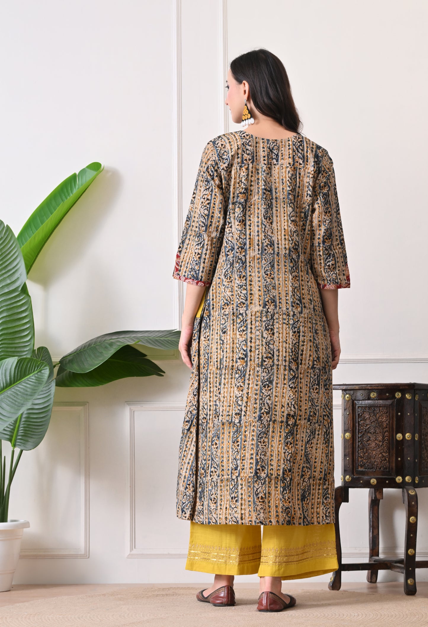 Grey and Yellow Kalamkari Cotton Kurta