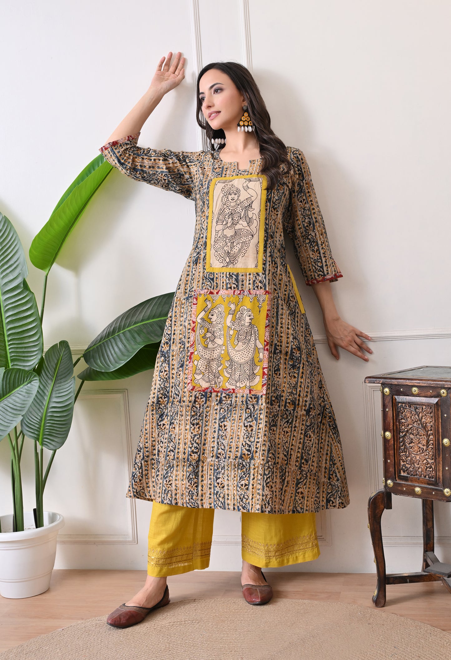 Grey and Yellow Kalamkari Cotton Kurta