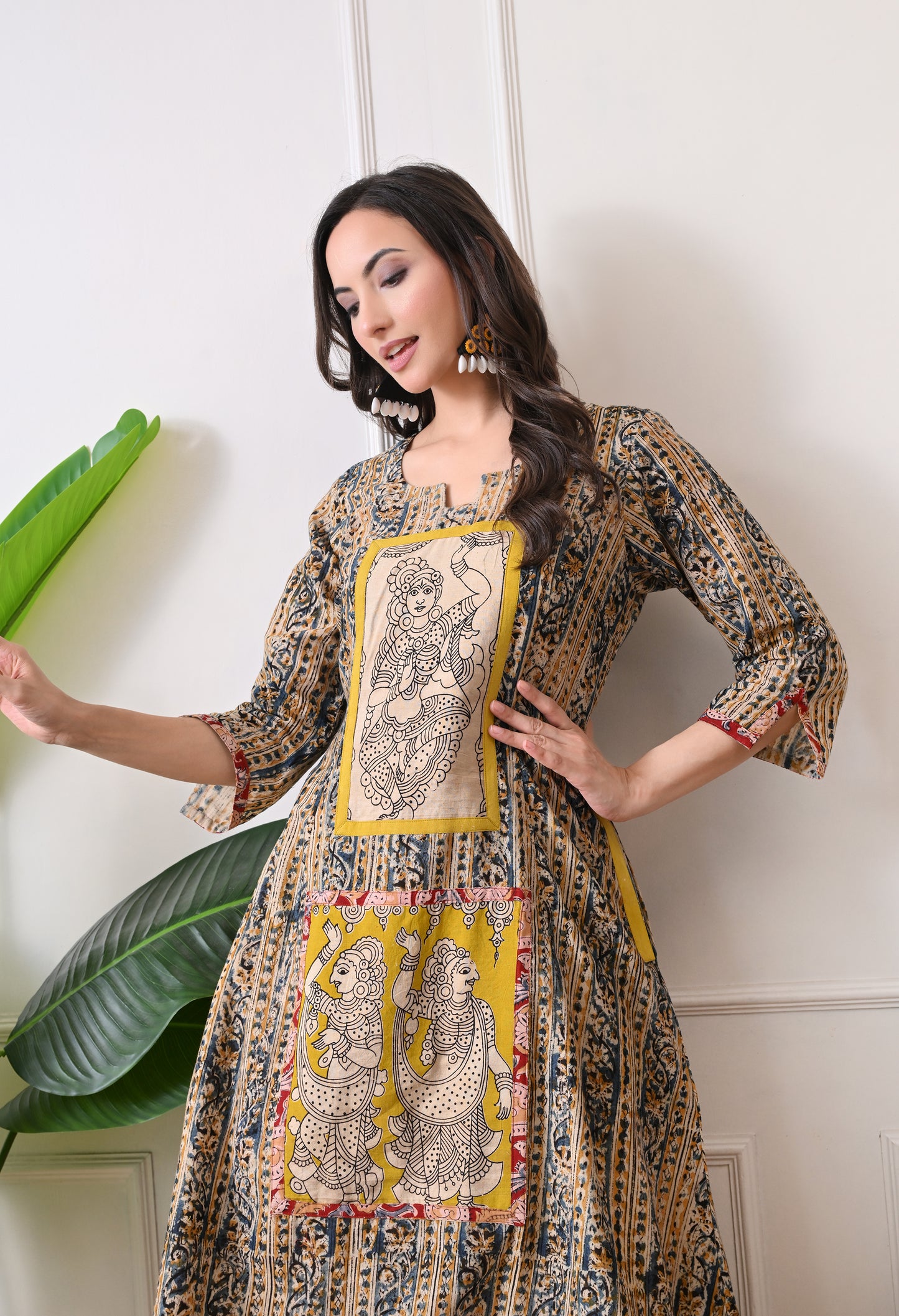 Grey and Yellow Kalamkari Cotton Kurta