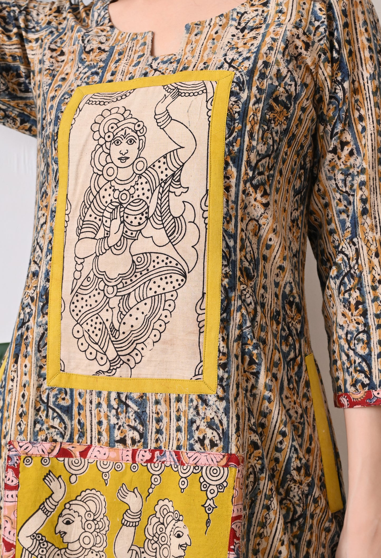 Grey and Yellow Kalamkari Cotton Kurta