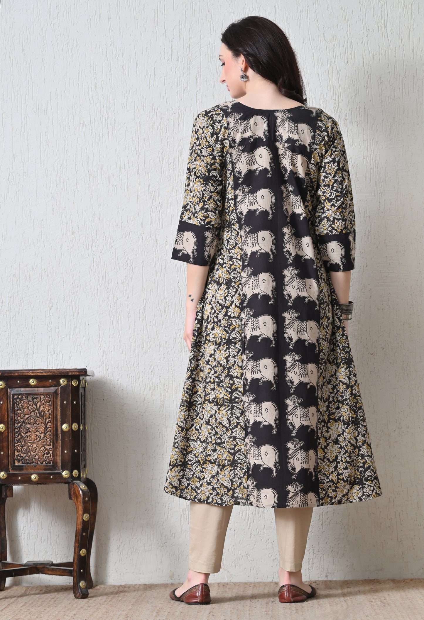 Black Kalamkari Hand block Printed A-line Cotton Kurta