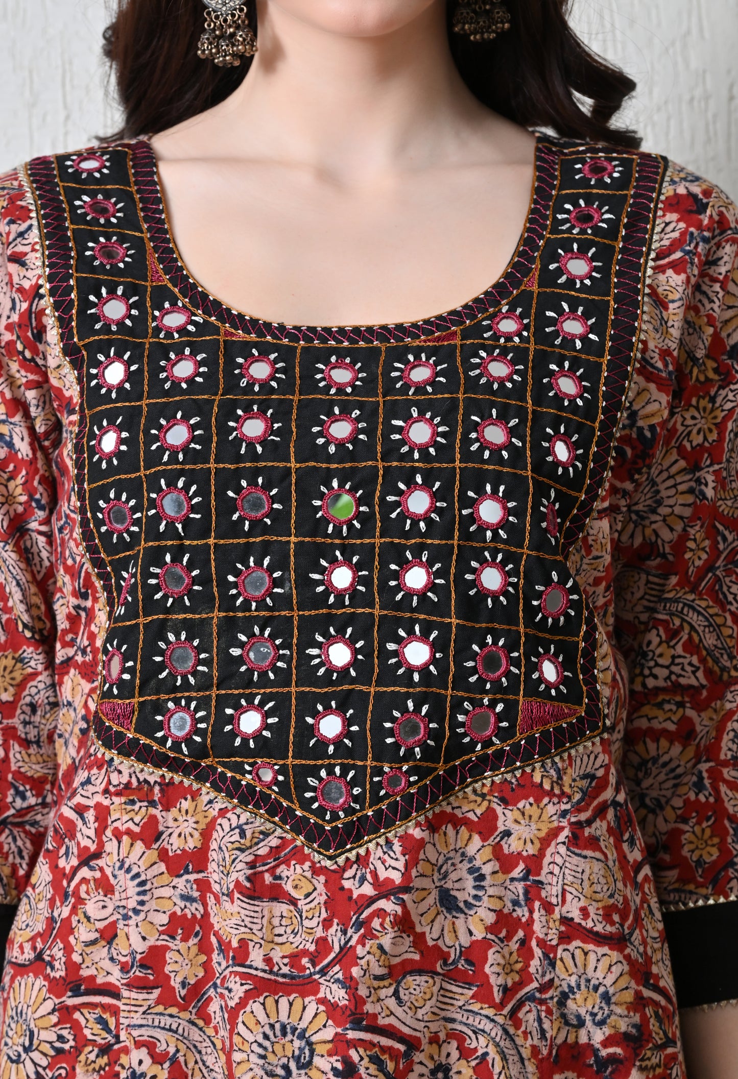 Maroon Kalamkari Handblock Cotton Kurta with Kutch Mirrorwork