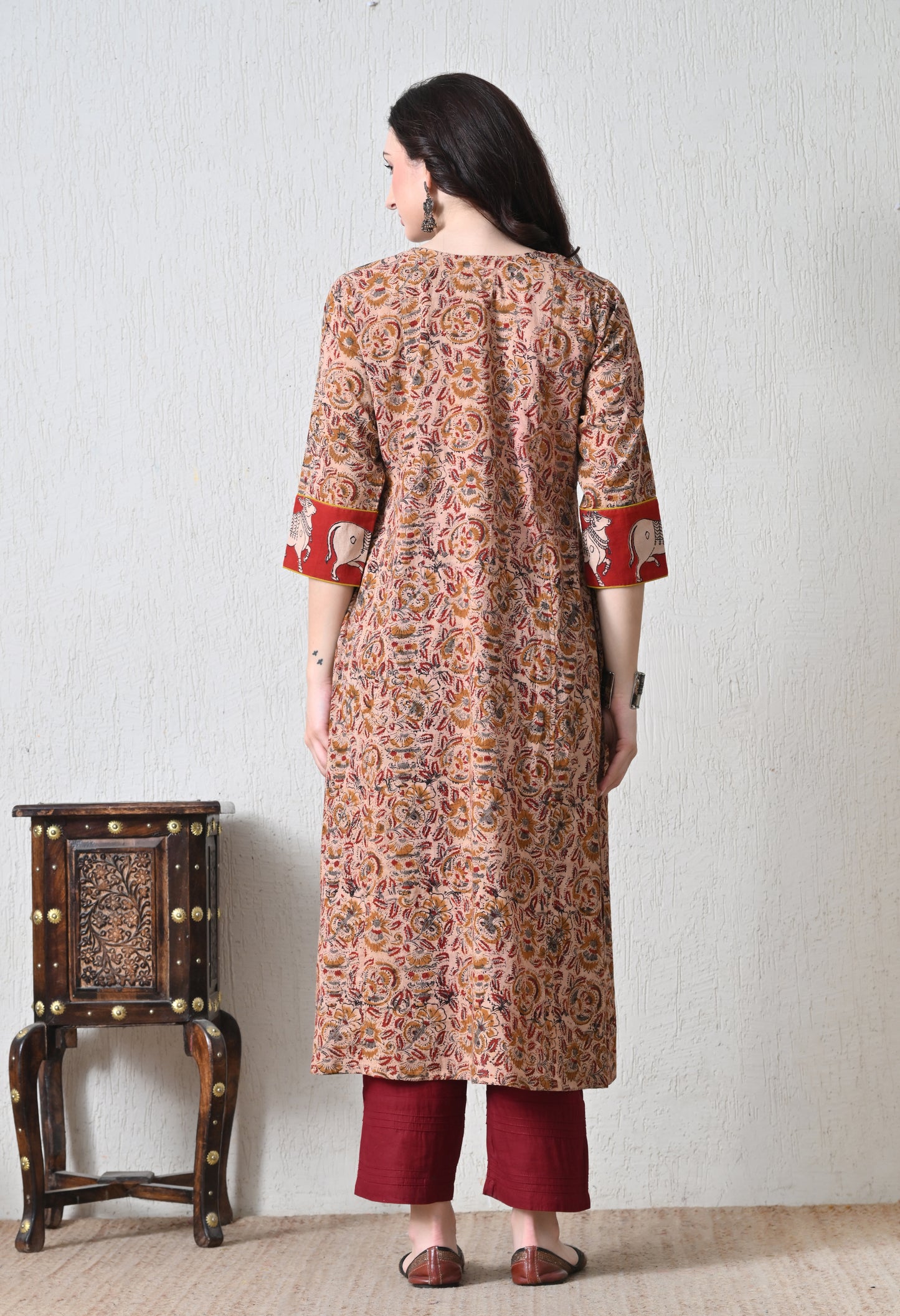 Beige and Maroon Kalamkari Handblock Cotton Kurta