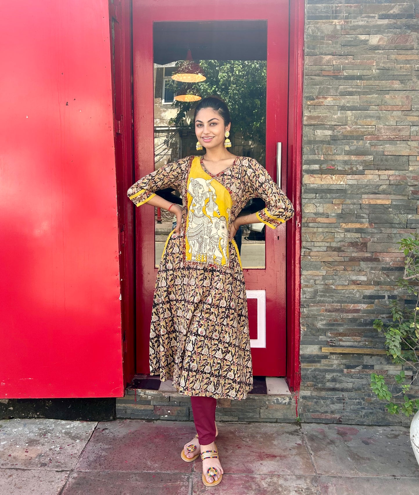 Black and Yellow Kalamkari Hand block Cotton Kurta