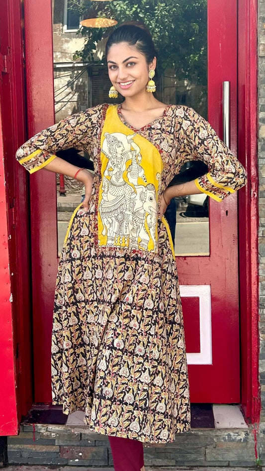 Black and Yellow Kalamkari Hand block Cotton Kurta