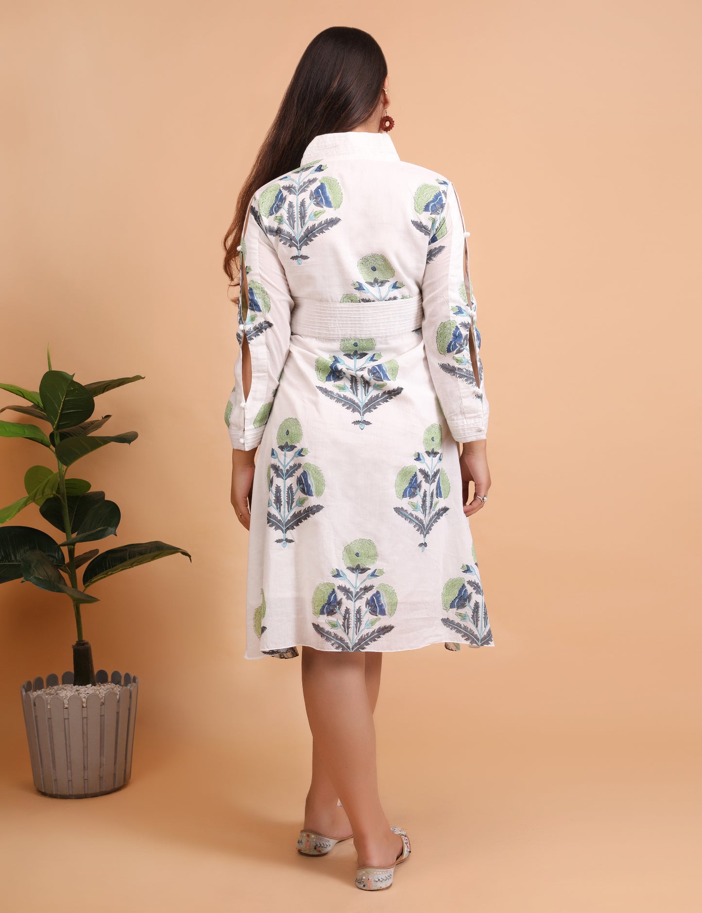 White Hand block Printed A line dress
