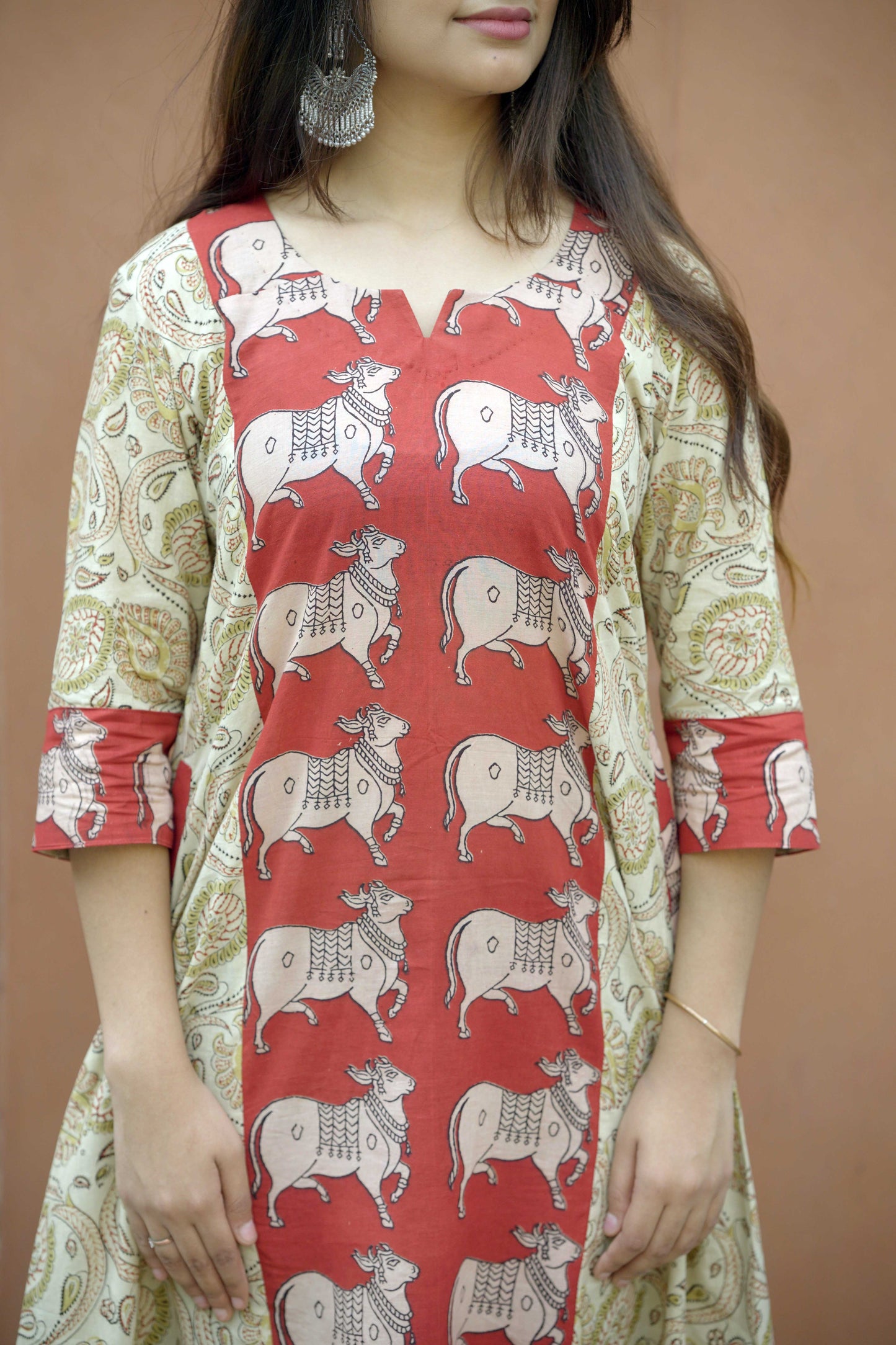 Red Kalamkari Handblocked Printed A line Cotton Kurta