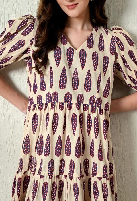 White Ajrakh Hand Block Printed Cotton dress