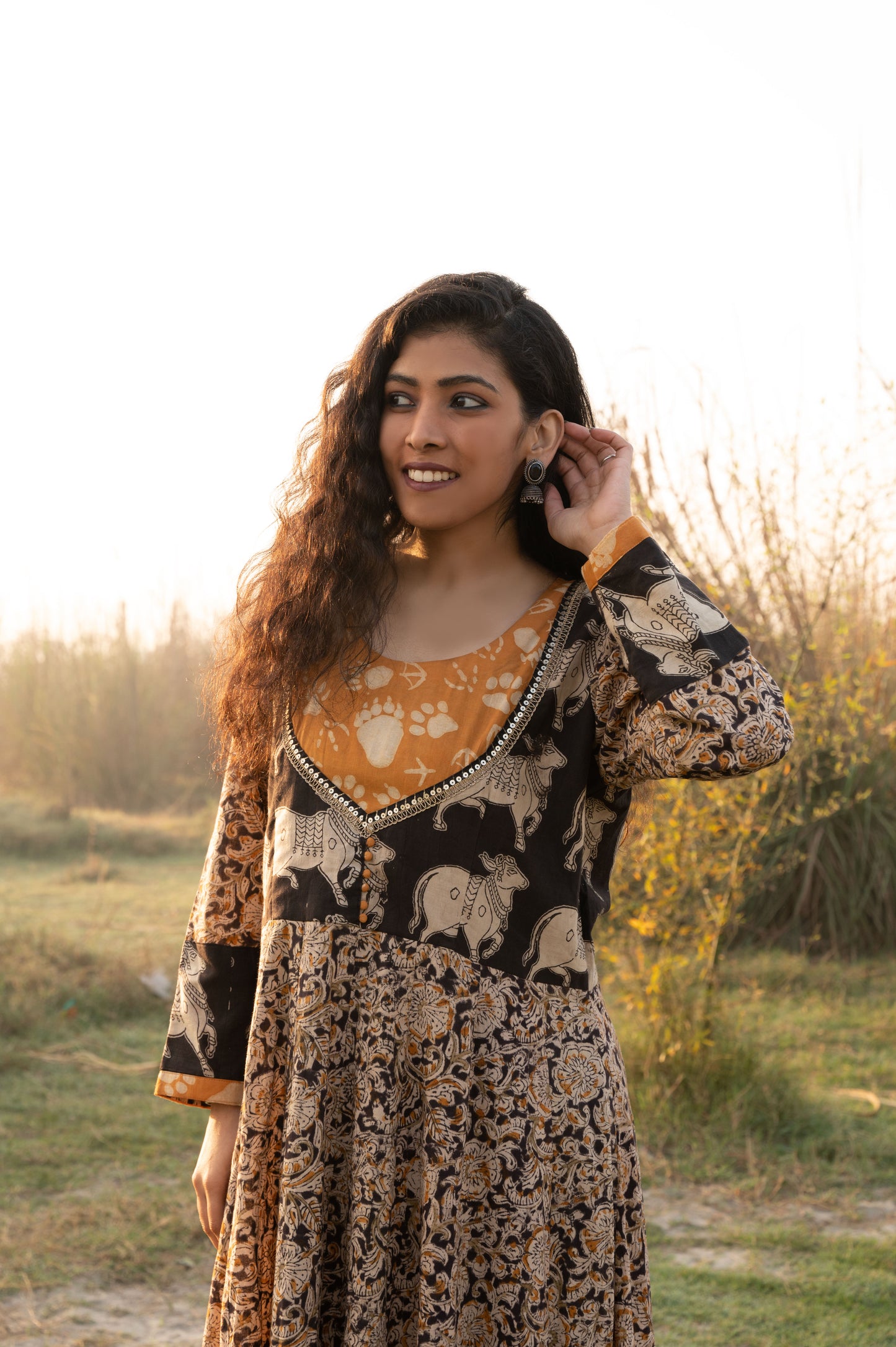 Black Kalamkari Hand Block Printed Long Kali Kurta