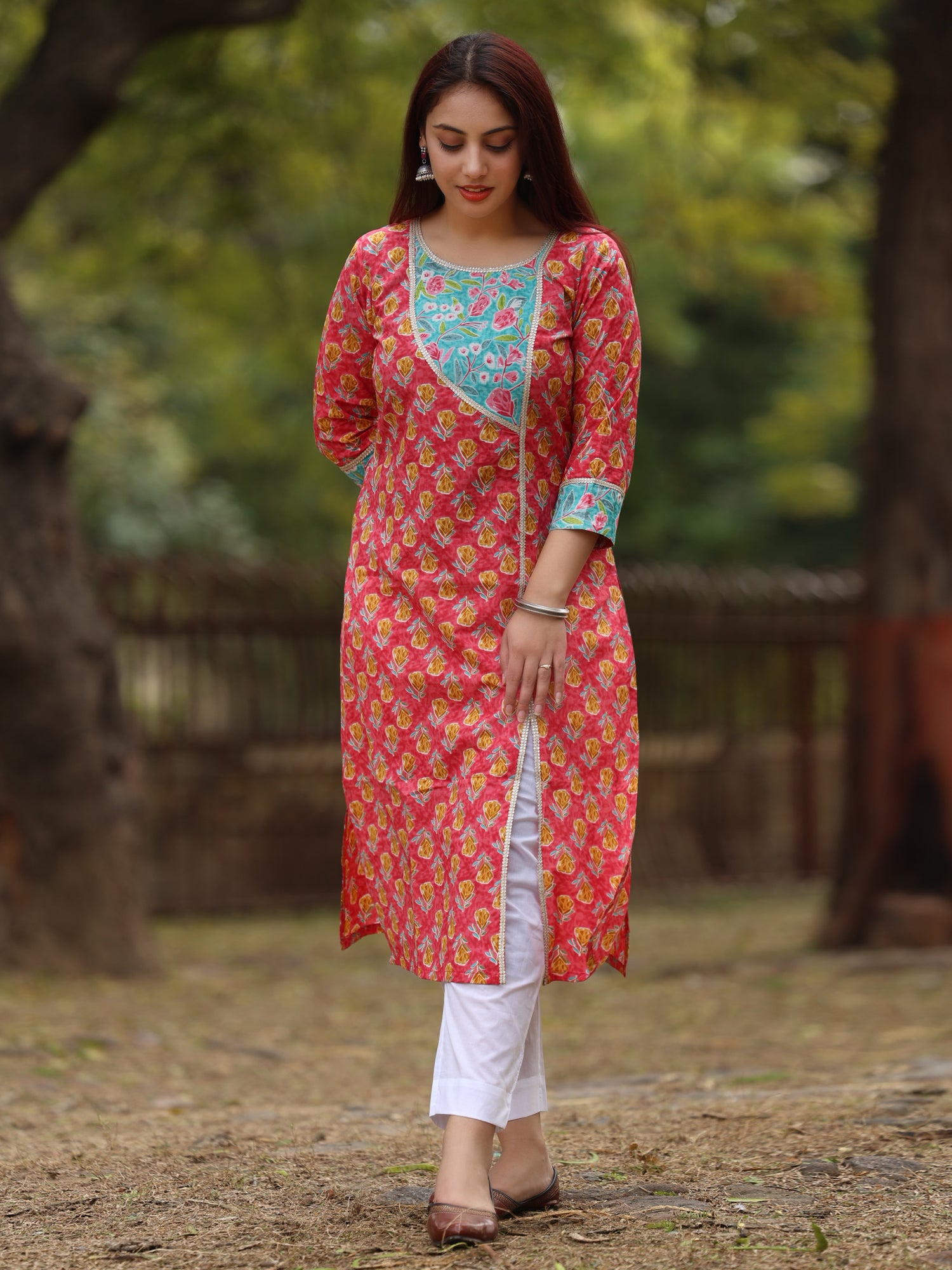 Pink and Blue Floral Printed Long Kurta
