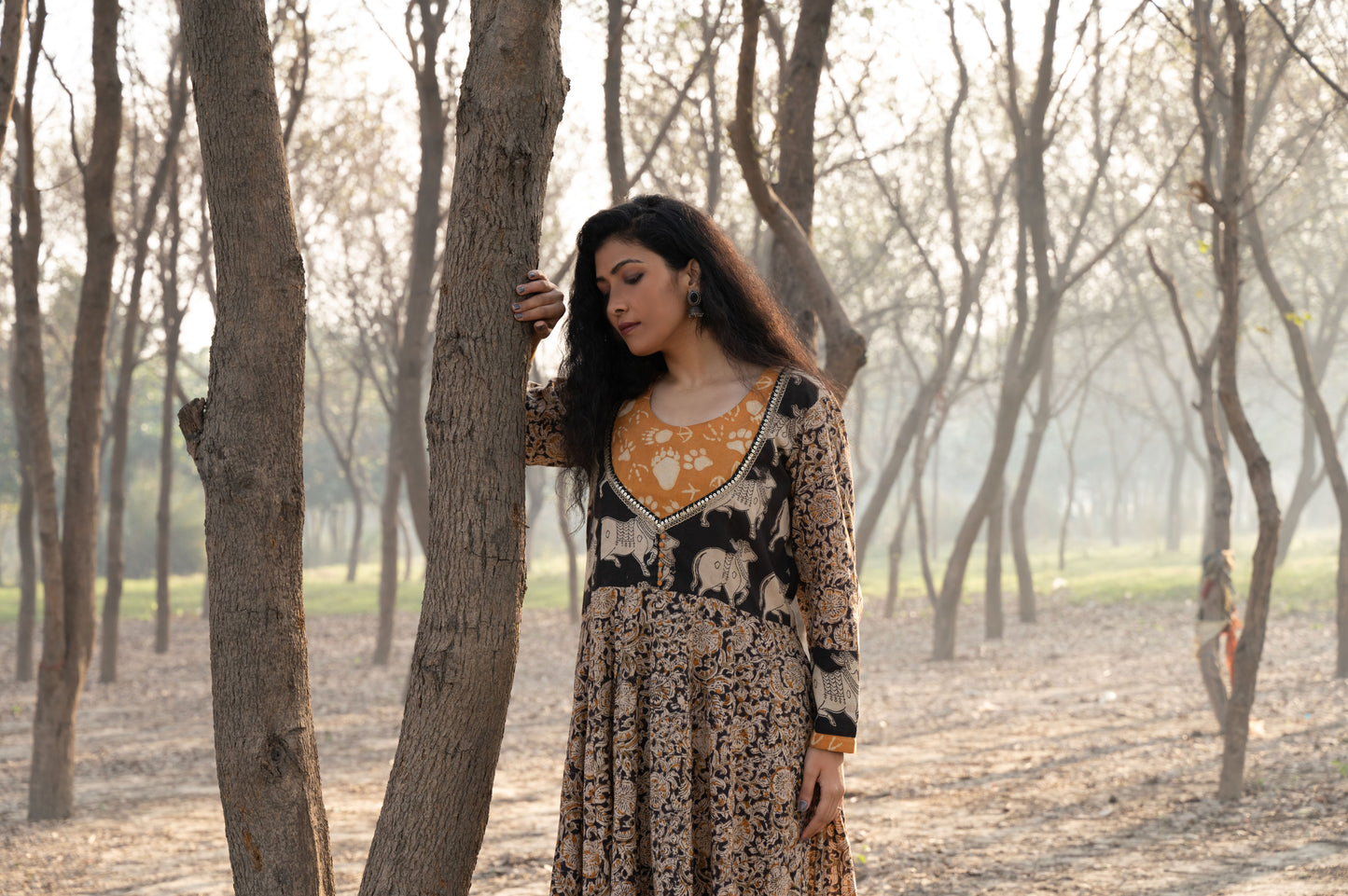 Black Kalamkari Hand Block Printed Long Kali Kurta