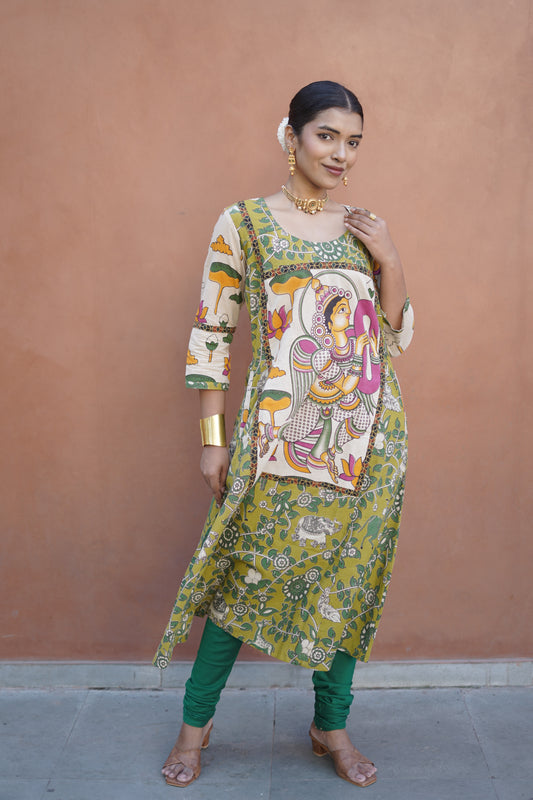 Green and White kalamkari Cotton Kurta
