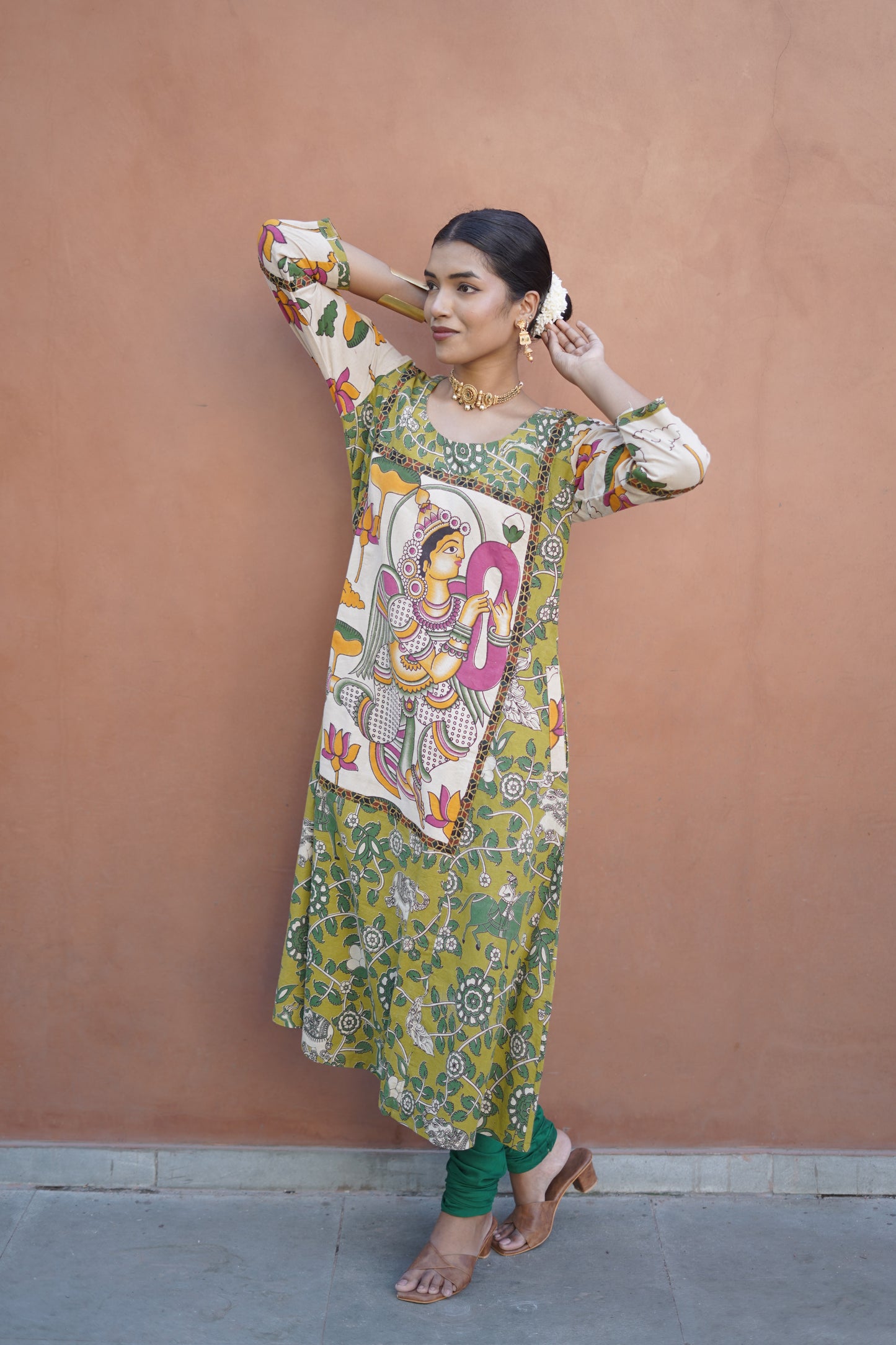 Green and White kalamkari Cotton Kurta